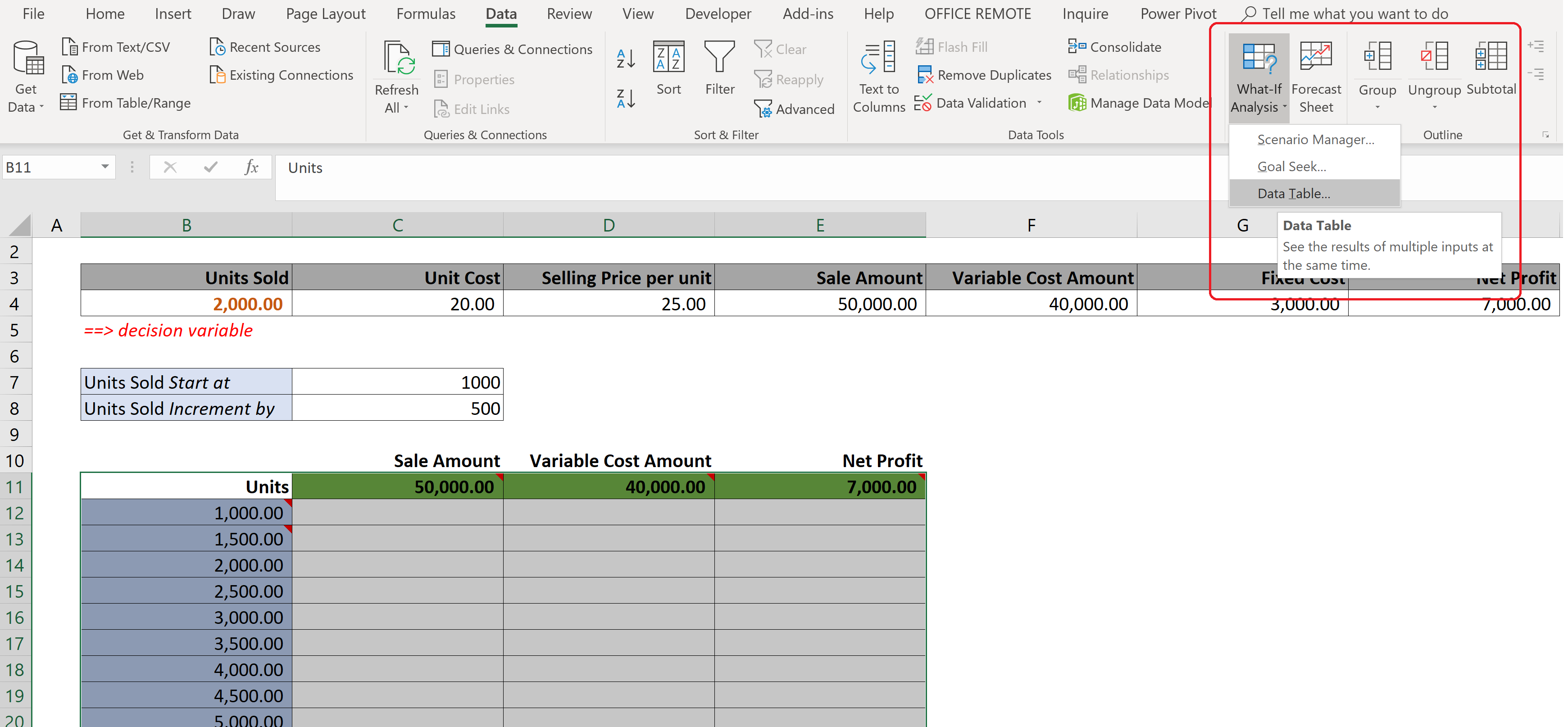 What-If Analysis > Data Table” class=”wp-image-124″/><figcaption>What-If Analysis > Data Table</figcaption></figure>



<p>You will get a “Data Table” dialog box, wherein you will need to input the Data Table arguments.</p>



<figure class=